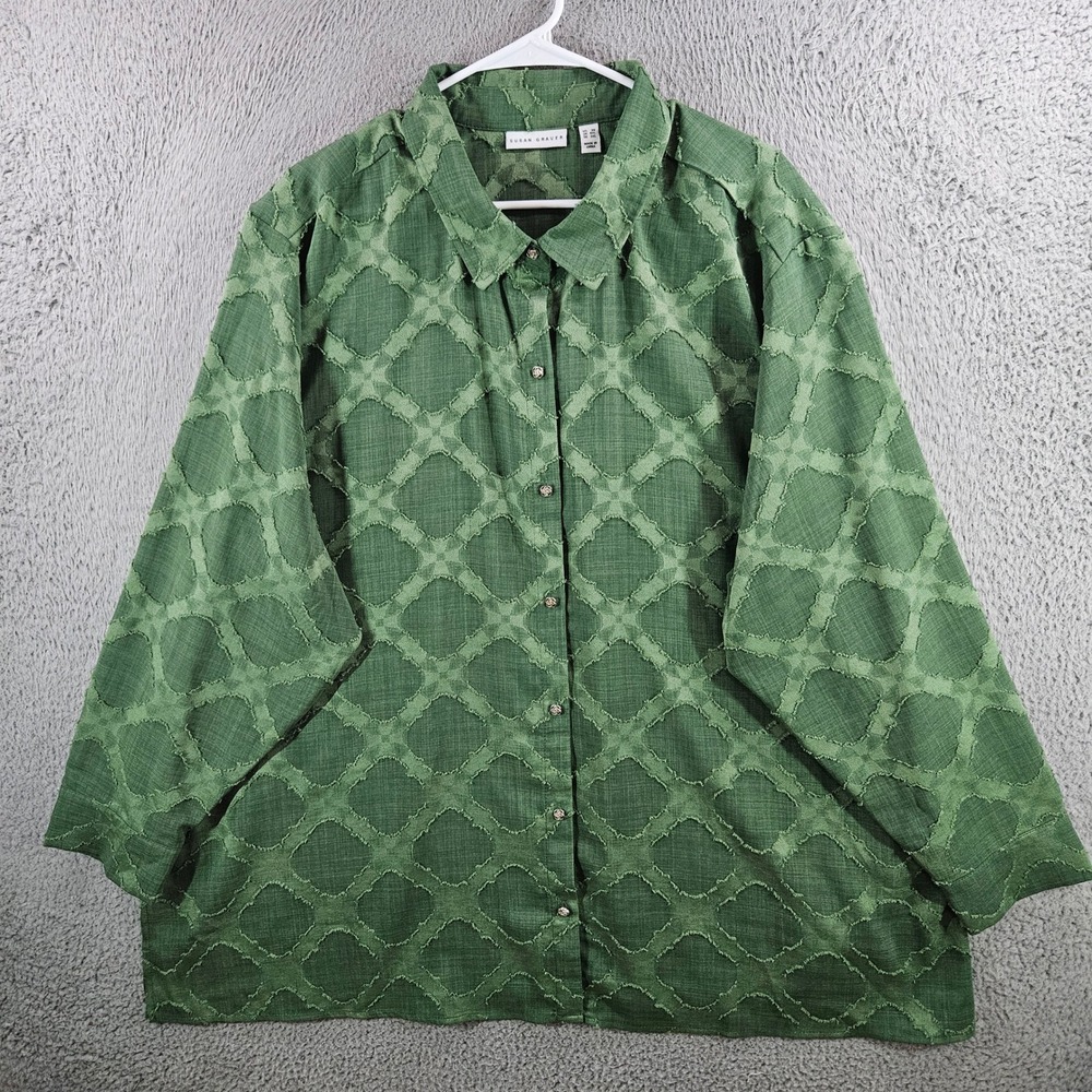Susan Graver Forest Green Textured Lattice Button Front Shirt Plus Size 3X